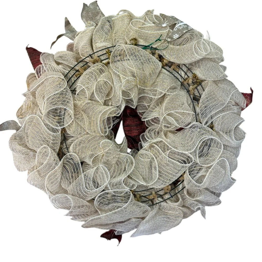 Handmade Rustic Reindeer Deco Mesh Wreath Cream, Red & Gold Holiday Decor 22
